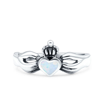 Petite Dainty Heart Lab Created White Opal Ring Solid Oxidized 925 Sterling Silver